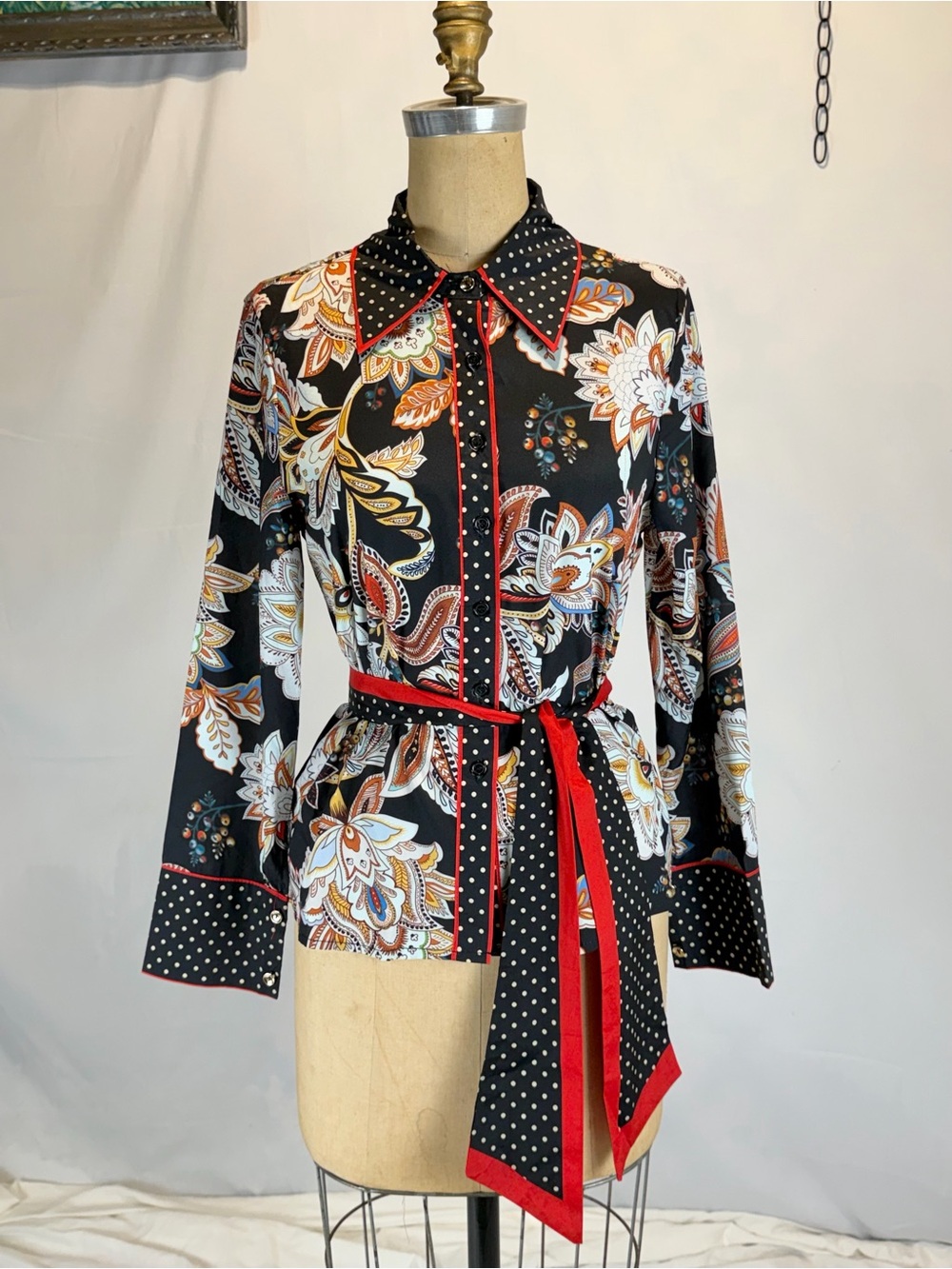 VINTAGE 80s bow blouse polka dot floral flower mix print tie belt paisley bold - Picture 4 of 9